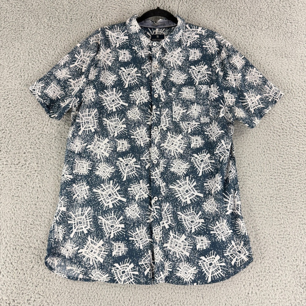Roark Revival Button Up Shirt Men XL Blue Geometric Sunburst Cotton Short Sleeve